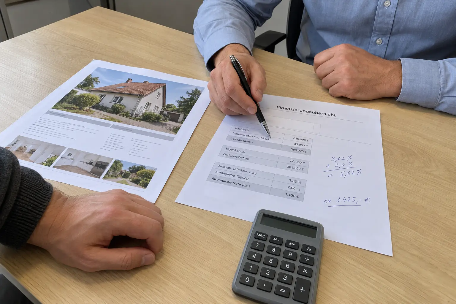 Berater zeigt mit dem Stift auf eine Finanzierungsübersicht, daneben Exposé und Taschenrechner